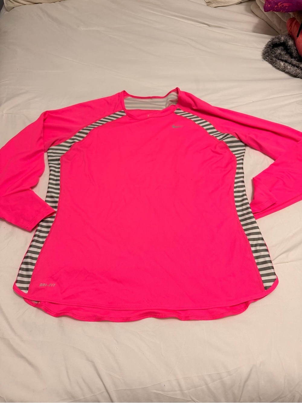 Nike Woman’s. Neon Pink Long-Sleeve Dri-FIT Shirt with Gray Stripes size Xl